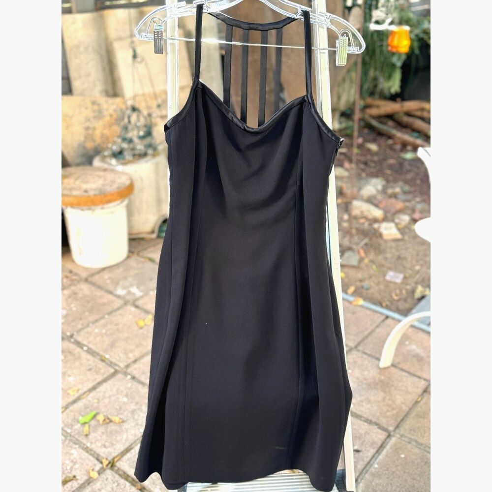 Vintage 90s Y2K Jones New York Black Crepe & Satin Cage Midi Dress Size 6 LBD